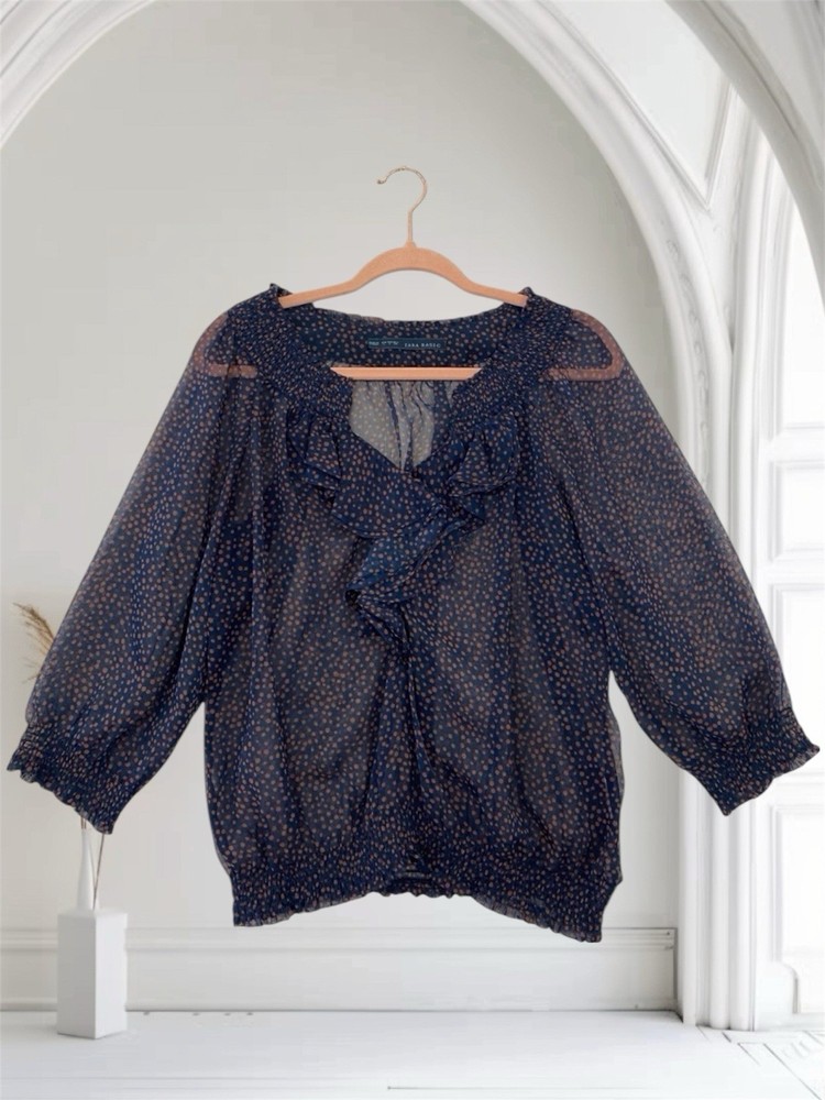 Zara Womens Sheer Ruffle V Neck Polka Dot Top Size Large Navy Brown Summer Chic