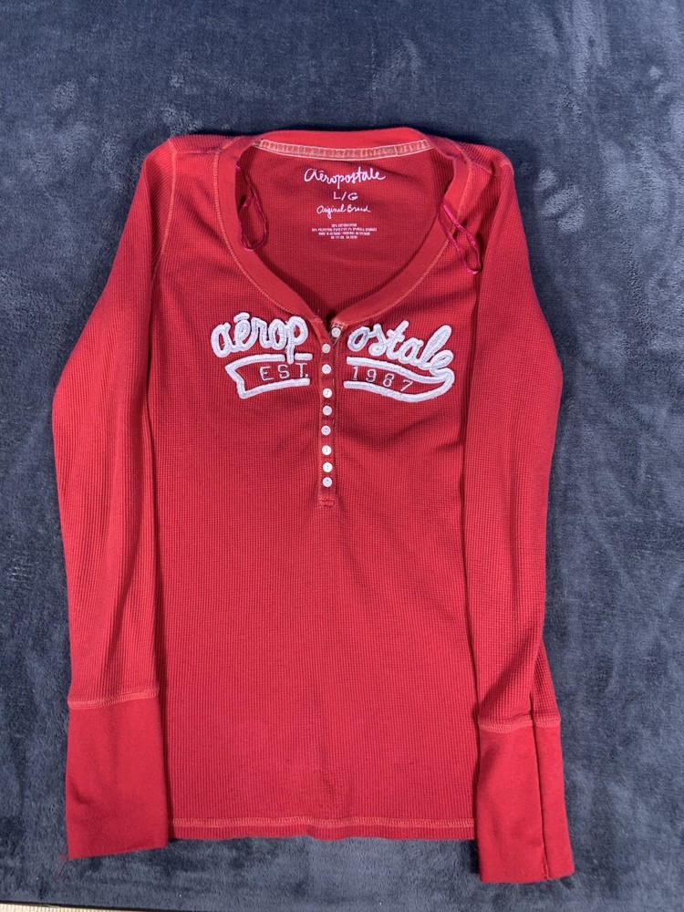 Aeropostale Original Brand Women L Red Waffle Knit Henley Thermal Shirt Top L/G