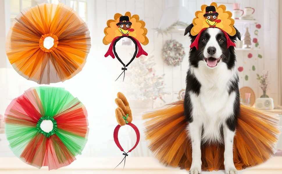 DOG COSTUMES  For THANKSGIVING & CHRISTMAS - 2 SETS  M-L - Tutus & Headbands NIB