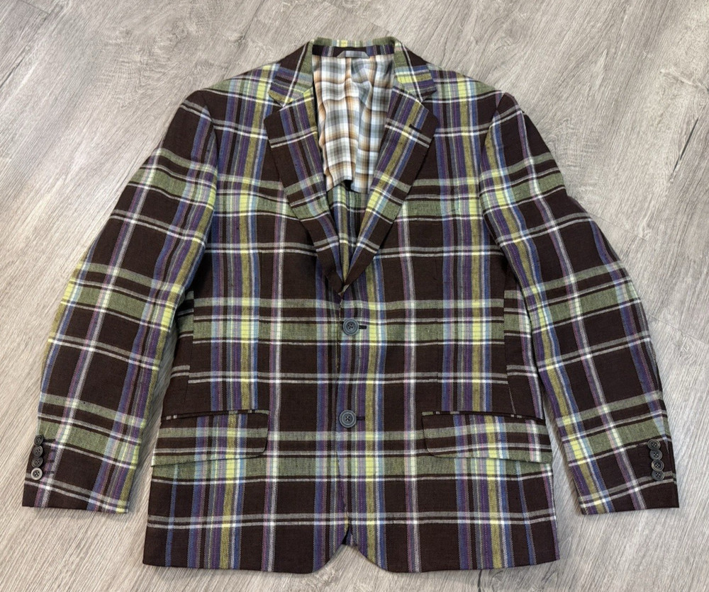 Etro  EU 48 Brown Plaid Sport Coat Linen  Viscose Silk Italy Blazer US 38