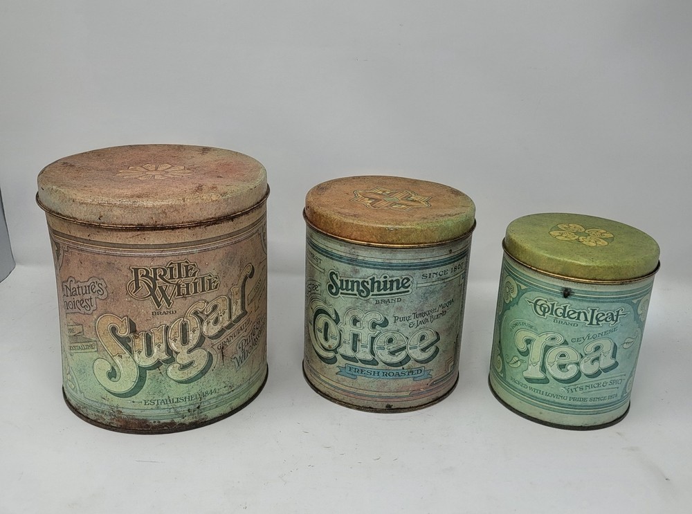 Vintage Fluffy Ballonoff Canister Set  Sugar Coffee + Tea Nesting Tins Retro 70'