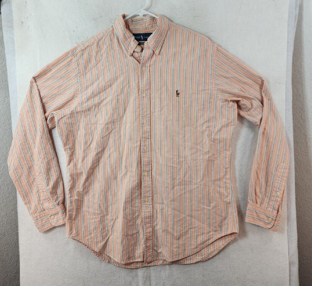 Ralph Lauren Mens Large Orange Striped Classic Fit Long Sleeve Button Up Shirt