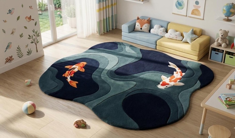 Hand Tufted Koi Fish Wool Rug Modern Kids Room Area Carpet Abstract Pond Design
