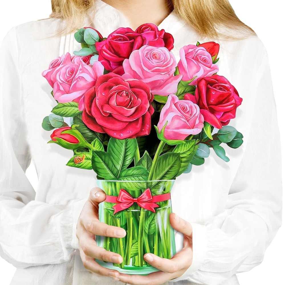 Pop Up Flower Card, 3D Greeting Card – Red Rose Bouquet – For Wife, Girlfriend –
