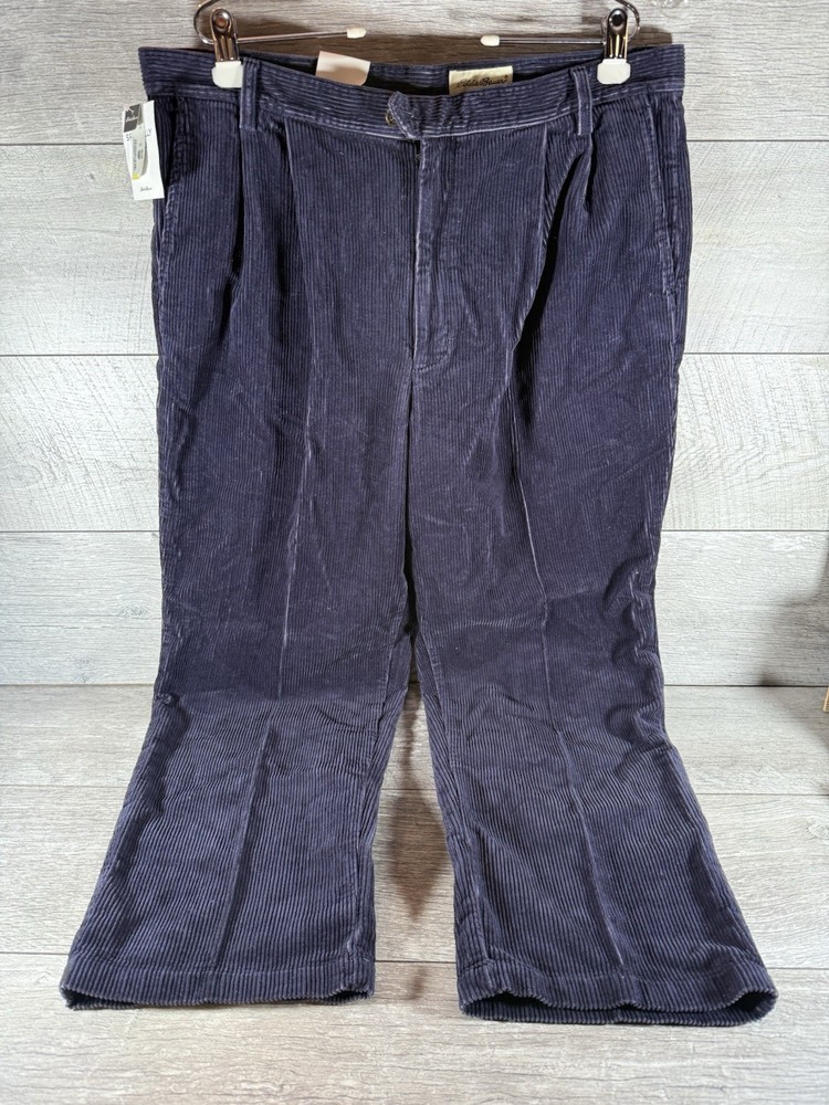 Vintage 90s Eddie Bauer Mens Pleated Corduroy Pants 40/S Navy Blue