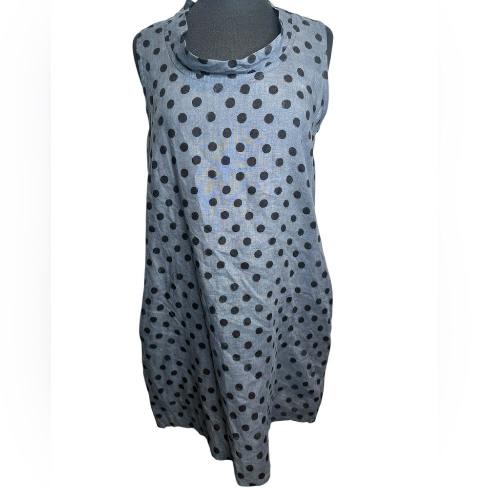 Just Jill 100%Linen Blue/Grey Polka Dot Sleeveless Dress With Pockets Size Small