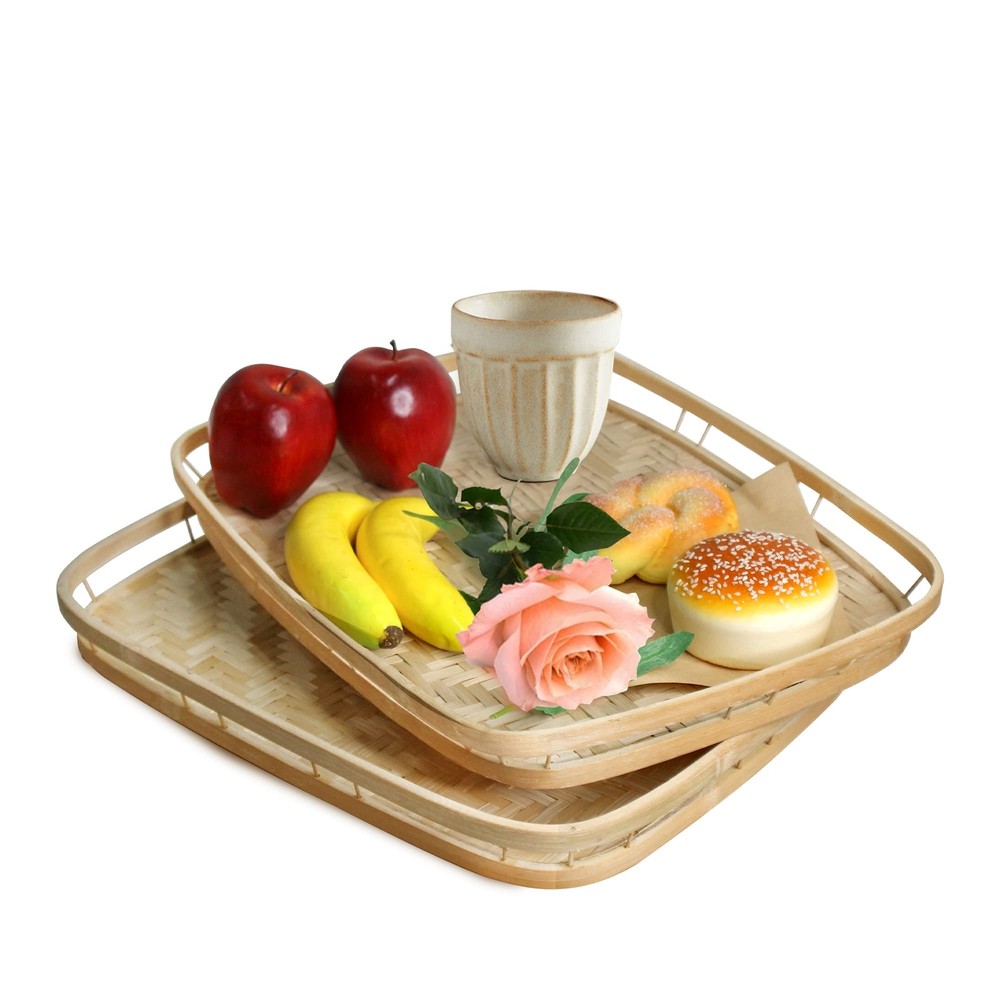 Set of 2 Wicker Serving Trays for Foods & Drinks, Rectangular Breakfast Lap T...