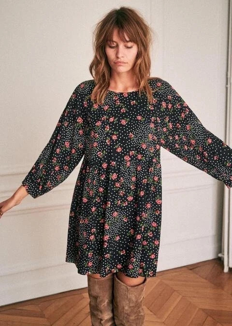 SEZANE Grace Navy Blue Crepe Floral Boho Tunic Dress UK 12 FR 40 US 8 PERFECT
