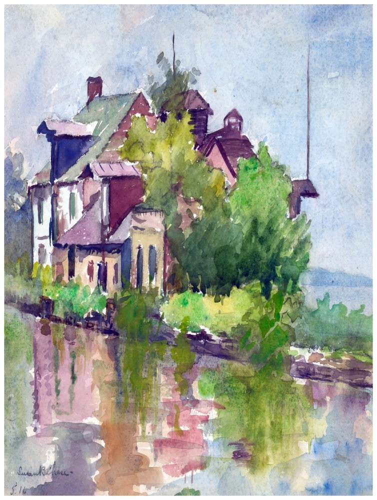 Decor Nature Poster. House by the lake. Graphic Art Design Art. 1482