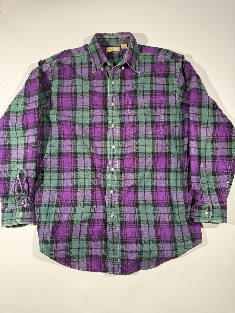 Vintage LL Bean Flannel Shirt Mens Large Green Plaid Button Down Long Sleeve