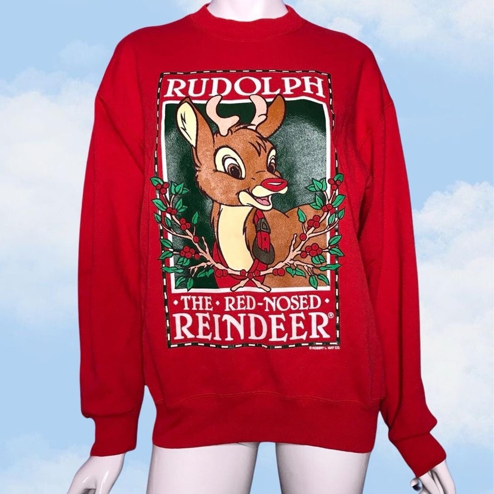 VINTAGE Christmas Sweater Adult L Red Rudolph Hanes Y2K Crew Neck Pullover Xmas