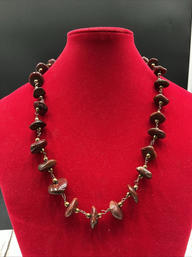 Vintage Chunky Marbled Brown Beaded Statement Necklace w/Gold-Tone Accents 16”