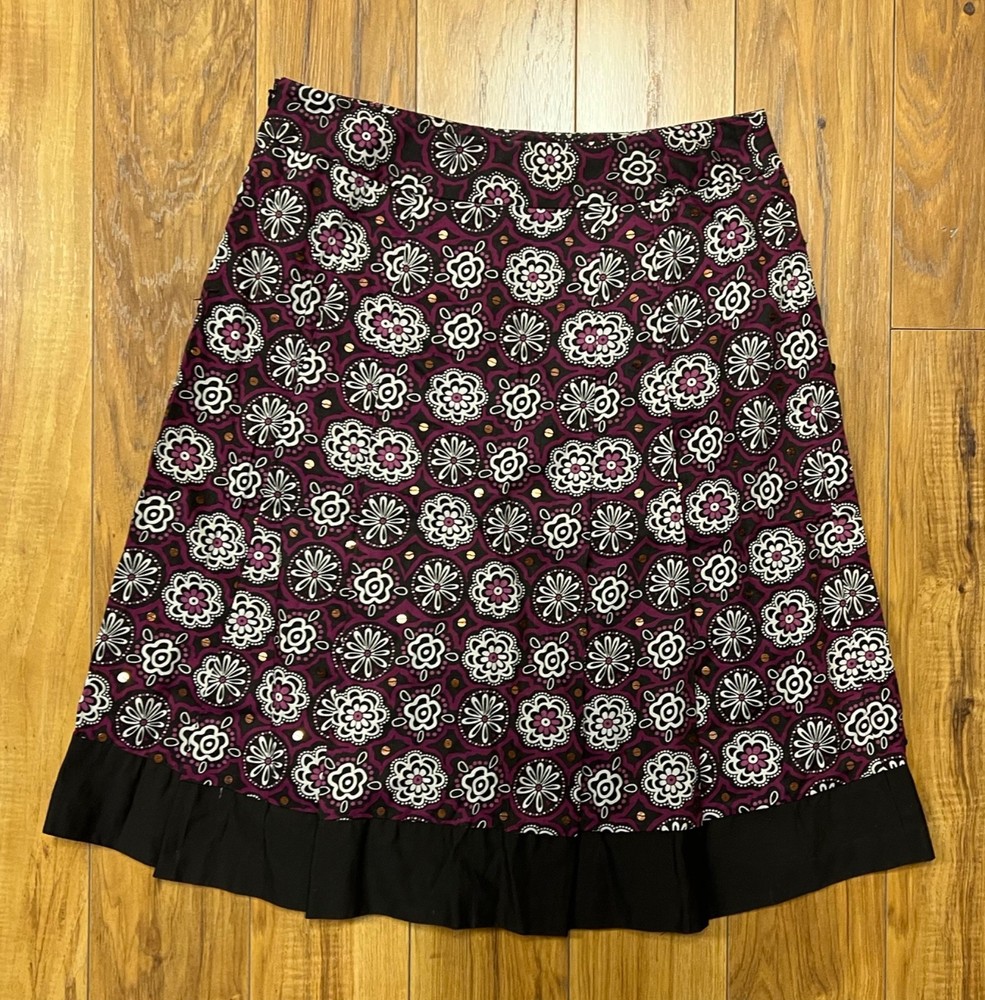 ANN TAYLOR LOFT Pleated Skirt Purple Brown Mandala Sequins Women's Size 6