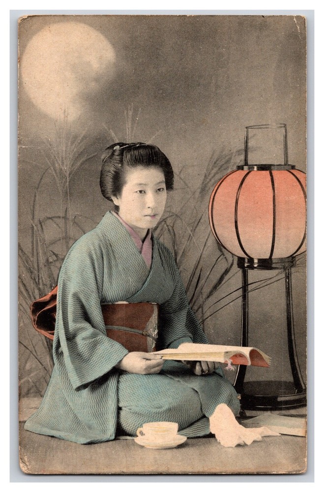 Vintage 1908 Geisha Sitting With Book Lamp Japanese Hand Colored Antique RPPC