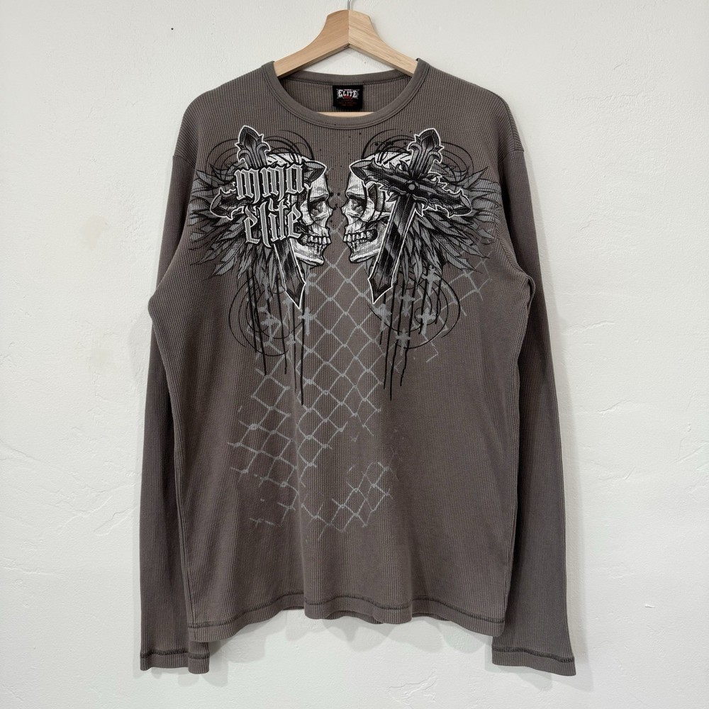 Vintage Grunge Y2K Elite MMA Skull Waffle Knit Thermal Long Sleeve Shirt