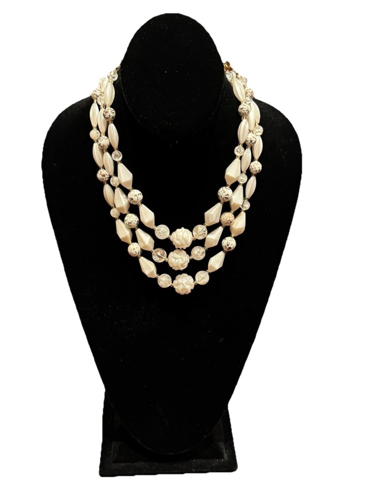 W.Germany 3 Strand Beaded Choker Necklace Cream White Bronze 17” Vintage