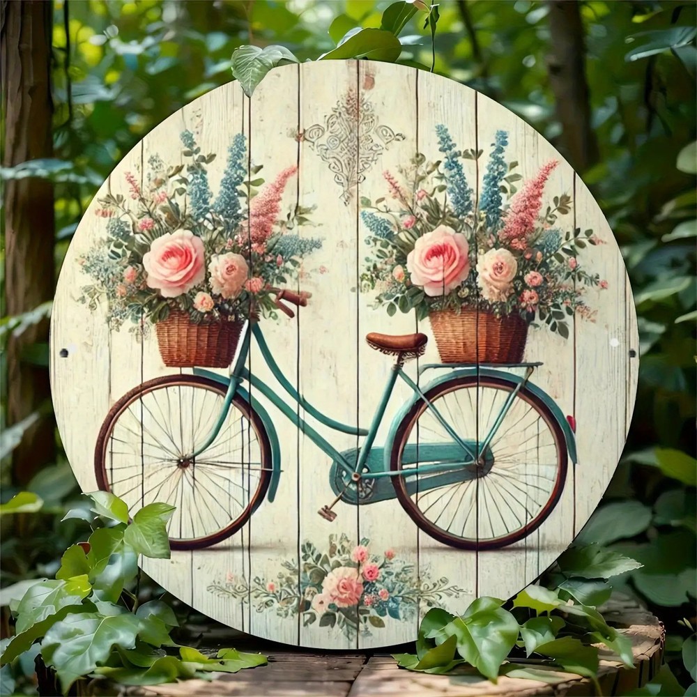 Vintage Pink Roses Blue Bicycle Round Metal Wall Art