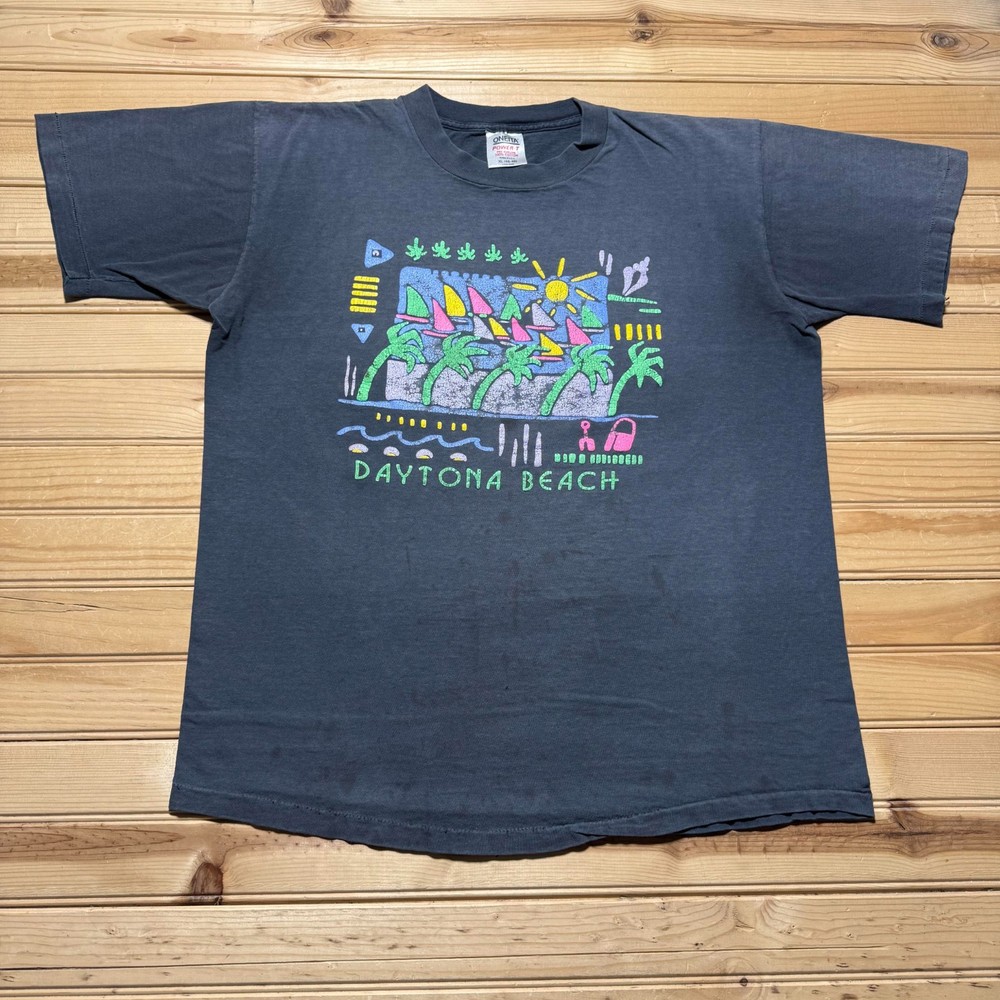 Vintage 90s Daytona Beach Florida Abstract Neon Graphic Souvenir T-Shirt USA XL-image