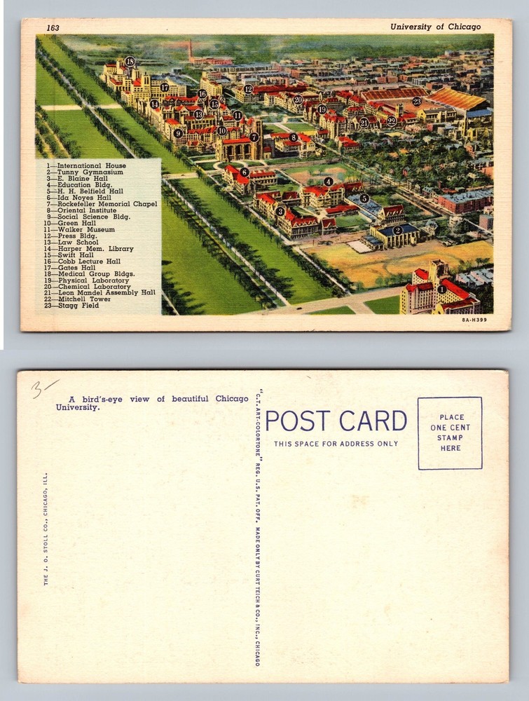 Chicago, IL-Illinois, Univ Birdseye Campus Map Scene Old PC Vintage Postcard