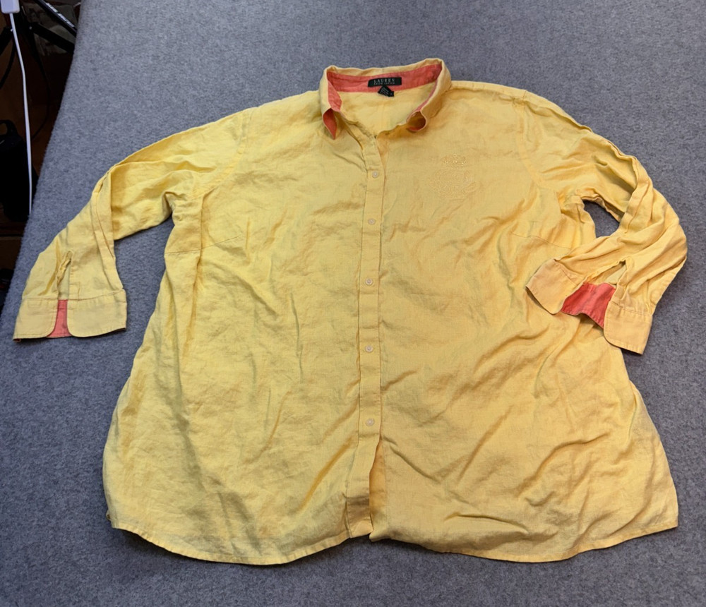 Lauren Ralph Lauren 2X Yellow Linen Button Up Shirt Crest Logo Coral Trim