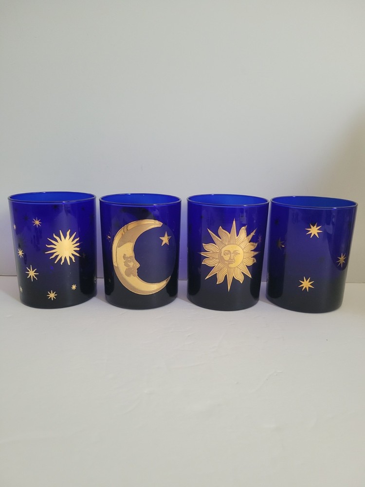 Vtg SET OF 4 Culver Celestial Sun Stars Moon Tumbler Rocks Glasses Blue 22K Gold