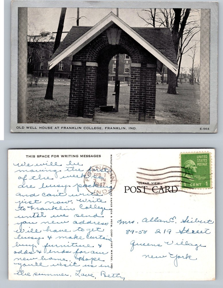Franklin, IN-Indiana, Well House Franklin College c1941 Old Vintage Postcard