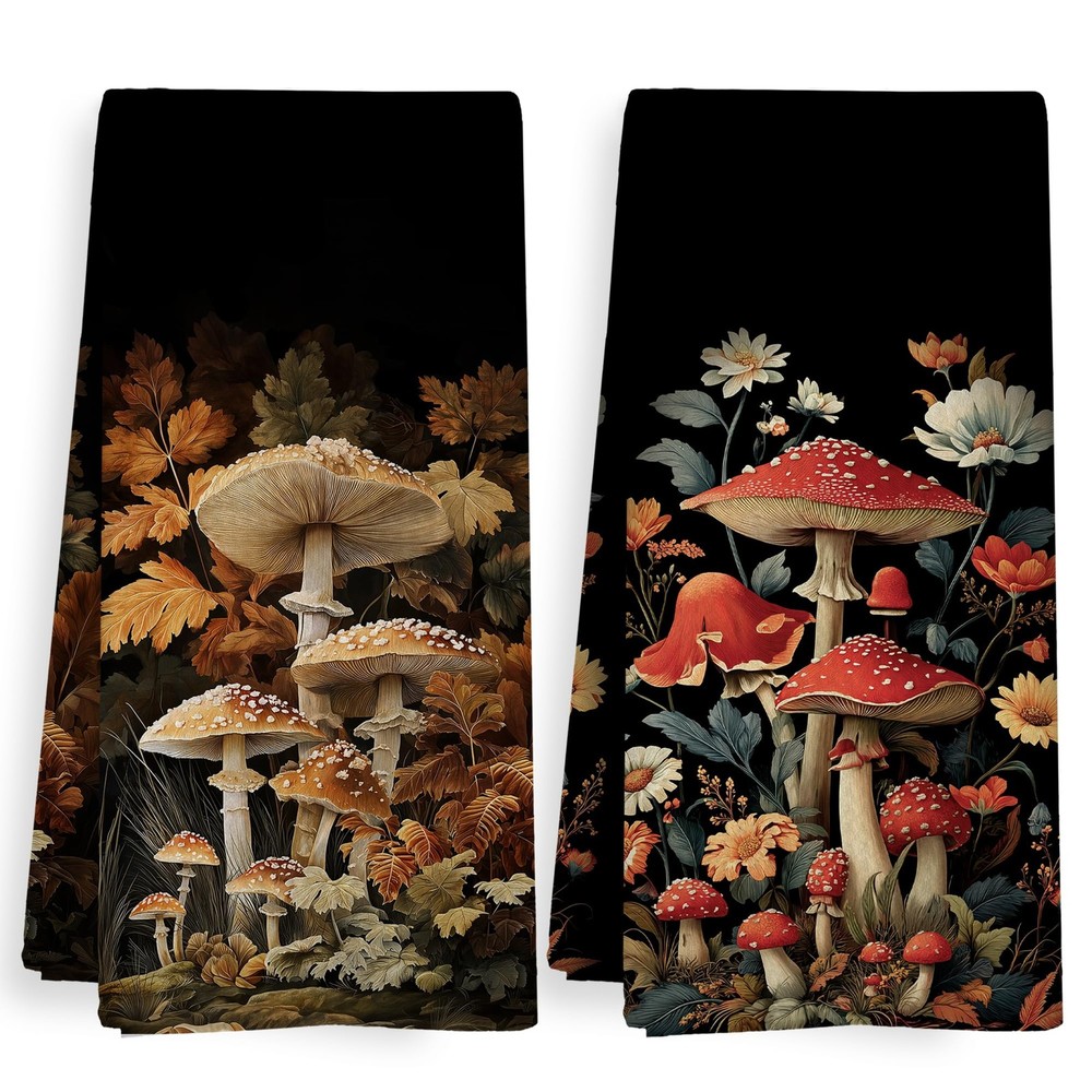 Vintage Farmhouse Kitchen Towels and Dishcloths Sets of 2, Dark Cottagecore G...