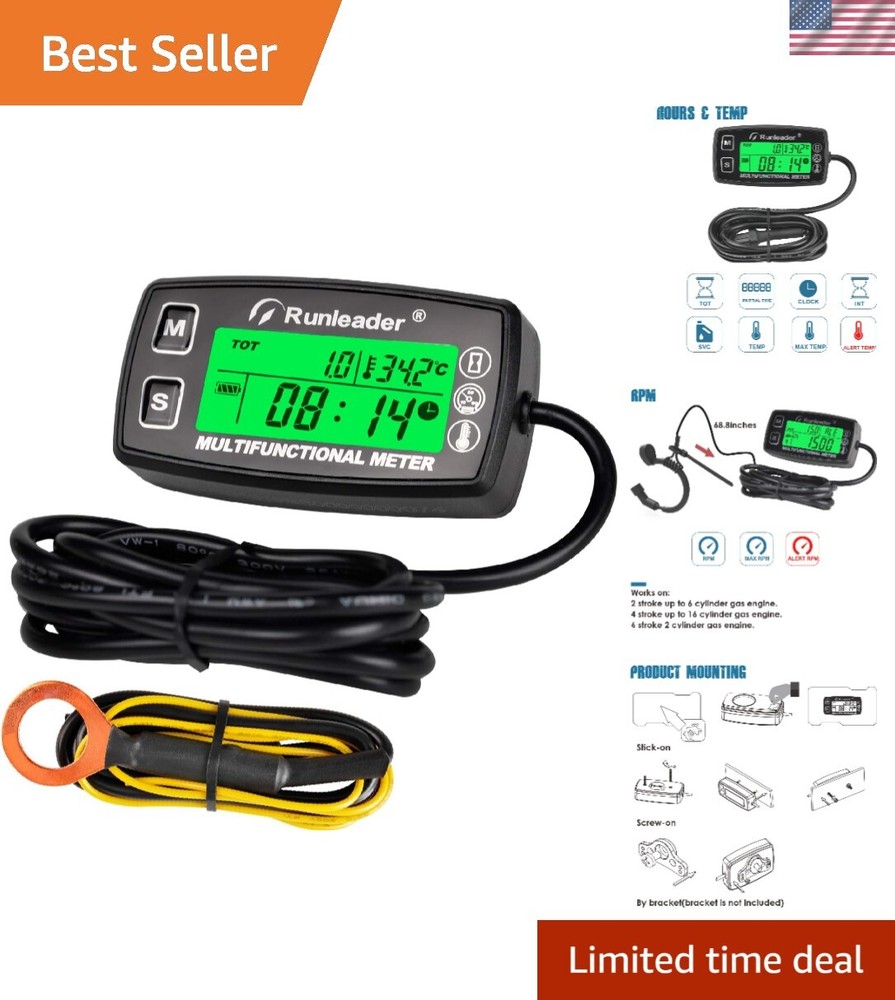 Digital Tach Hour Meter Engine Temp Gauge RPM Alert Backlight for Lawn Tractor