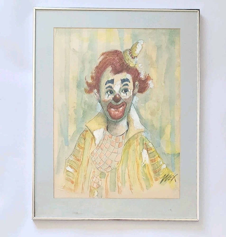 Vintage Signed Clown Portrait Original Watercolor Painting Mid-Century Art 20x26