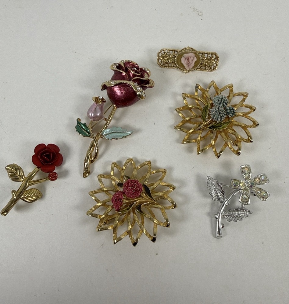 Vintage Floral Brooch Pin Lot Rhinestone Rose Enamel Gold Tone Jewelry