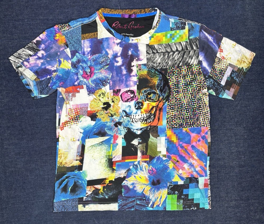 Robert Graham Limited Edition Colorful Abstract Skull Graphic T-Shirt Mens Small-image