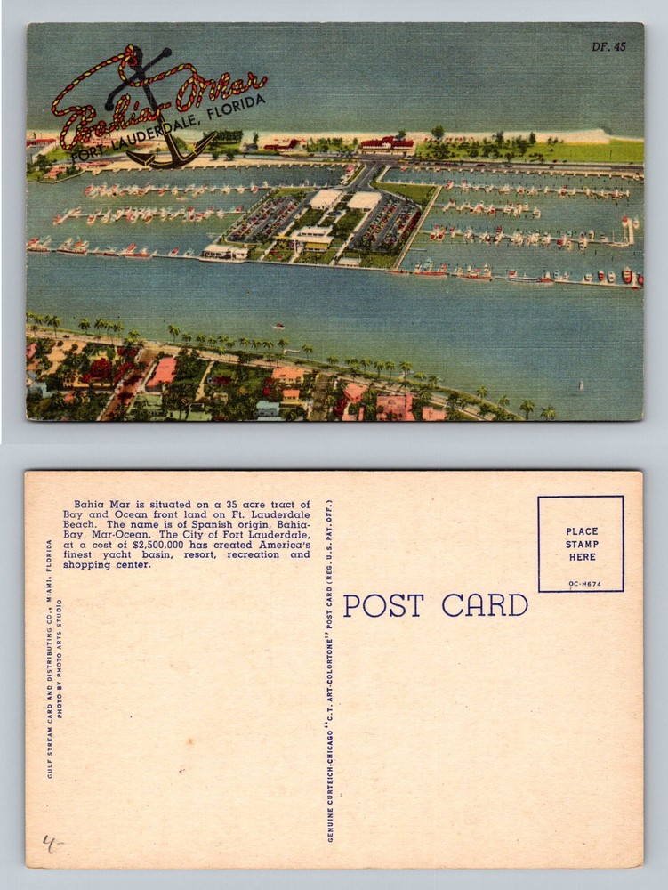 Fort Lauderdale, FL-Florida Aerial Bahia Mar Yacht Basin Marina Vintage Postcard