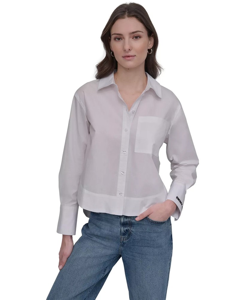 DKNY Jeans Women's Top Sz L Cotton Poplin Cropped Shirt