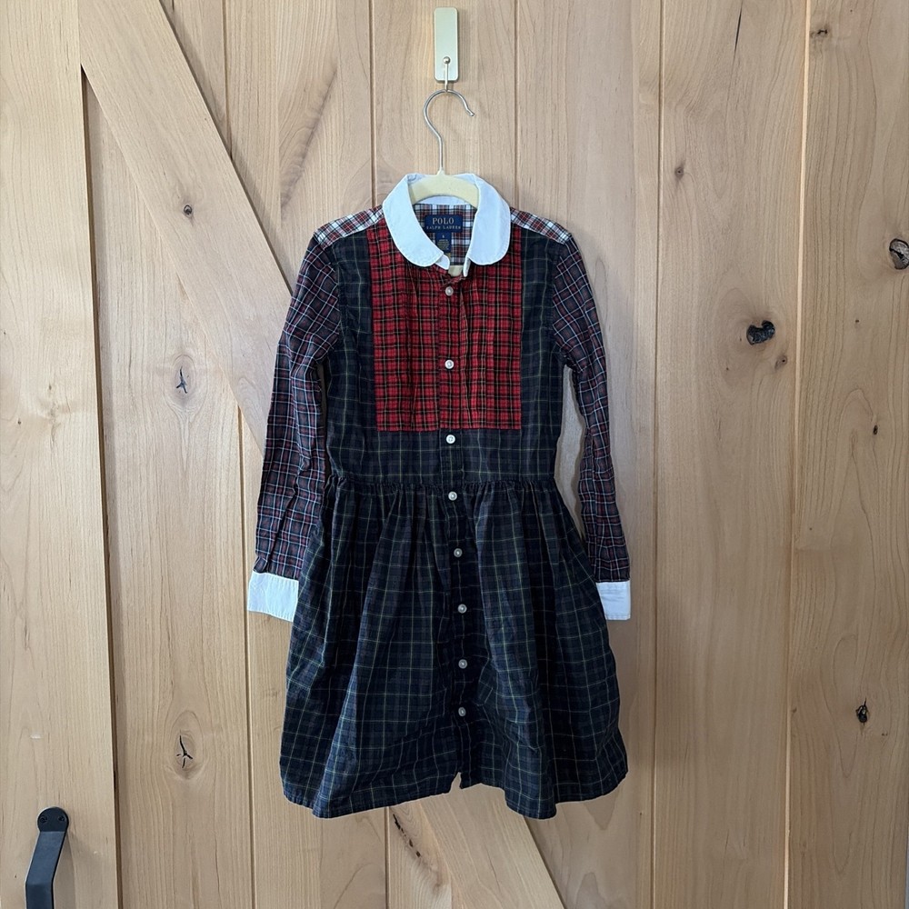 Polo Ralph Lauren Dress Girls 6 Red Long Sleeve Patchwork Button Preppy Holiday