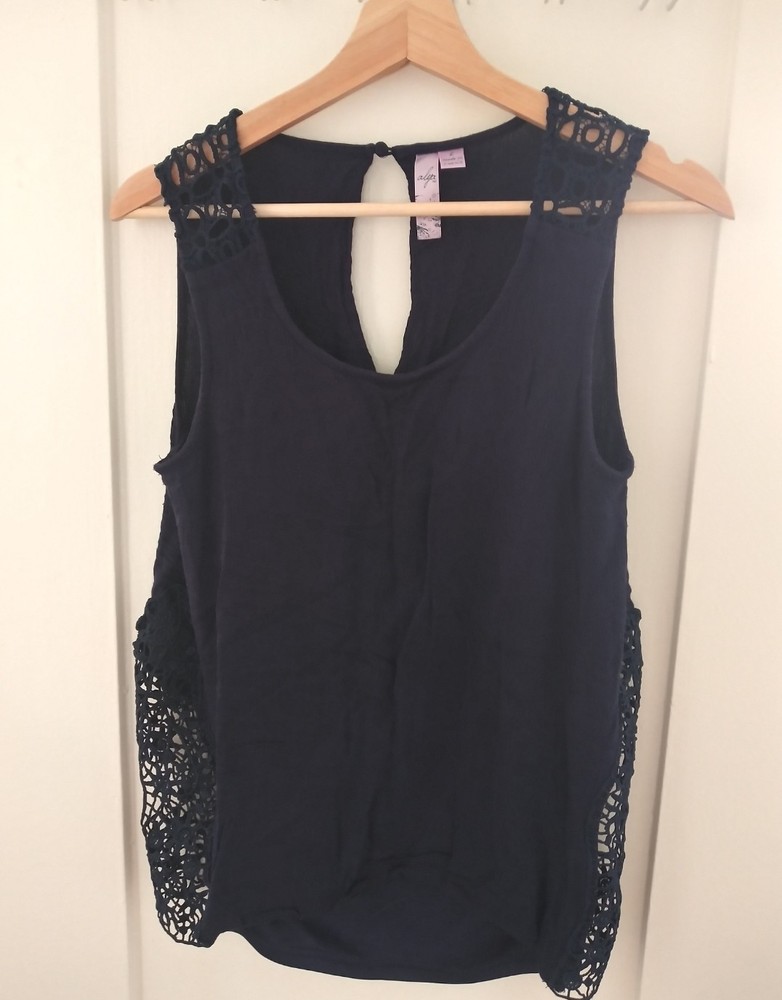 Navy Blue Crochet Lace Panel Tank Top – Sheer Back – Size L