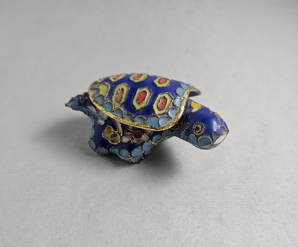 Vintage Enamel Cloisonne Colorful Turtle Trinket Box with Shell Top 3