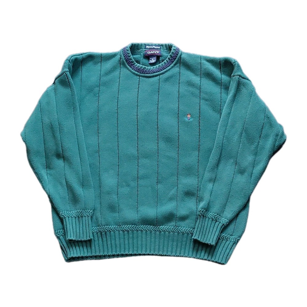 Vintage GANT Men's XL Green Cotton Tight-Knit Crew Neck Pullover Sweater Logo