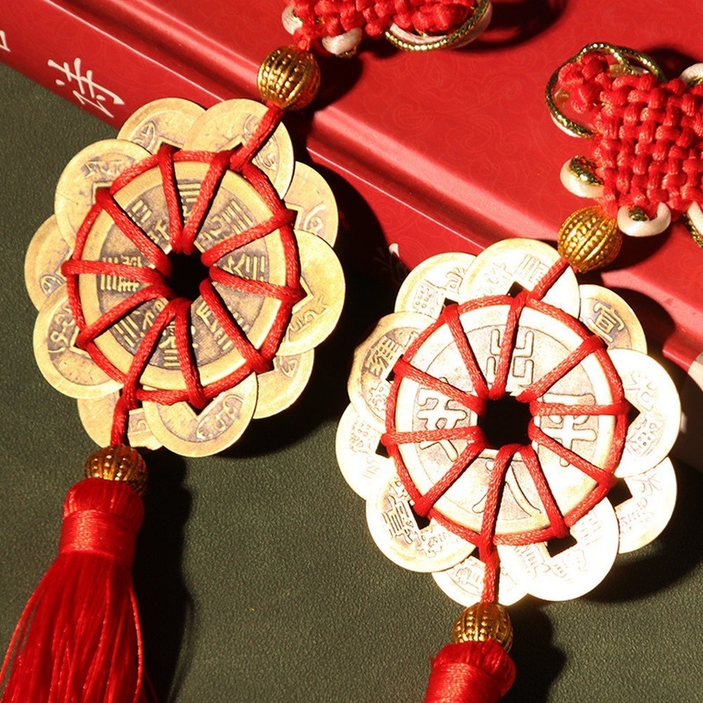 Traditional Chinese Brass Hanging with Wealth Knot and Feng Shui Coin Symbol