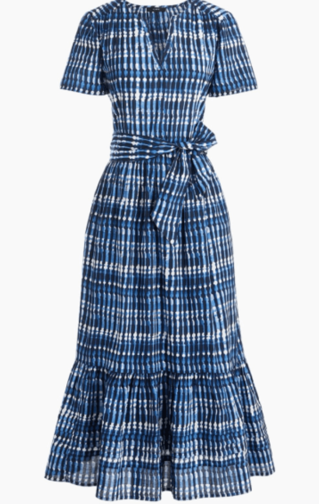 J.Crew cotton blue ikat tie waist midi dress size 8