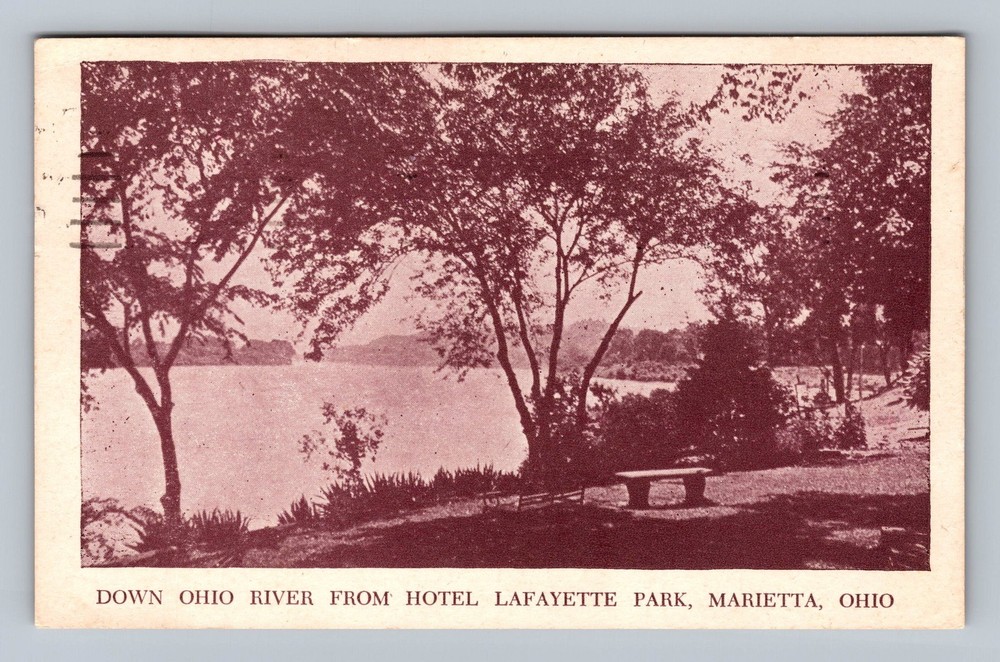 Marietta OH-Ohio Down Ohio River Hotel Lafayette Park Vintage c1951 Postcard