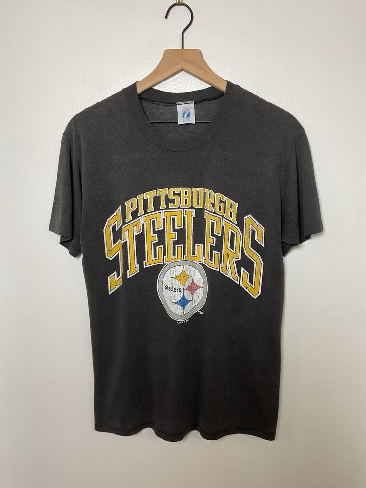 Vintage 1980s Pittsburgh Steelers Logo 7 NFL Graphic T-shirt Black Faded USA VTG