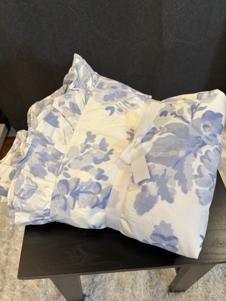 Pottery Barn LoveShackFancy Blue Ivory Damask Ruffle Duvet Cover Full Queen Size