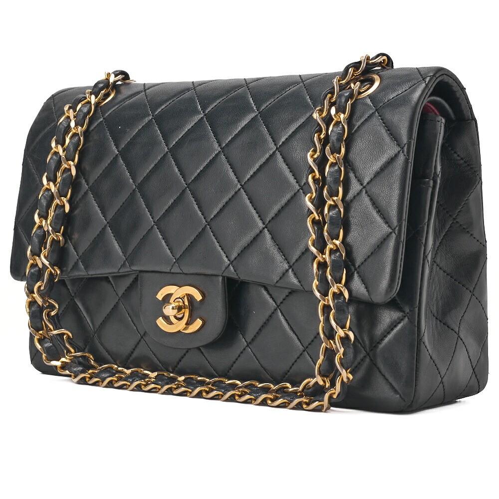CHANEL Matelasse Double Flap 25cm Lambskin Black Shoulder Bag with Chain