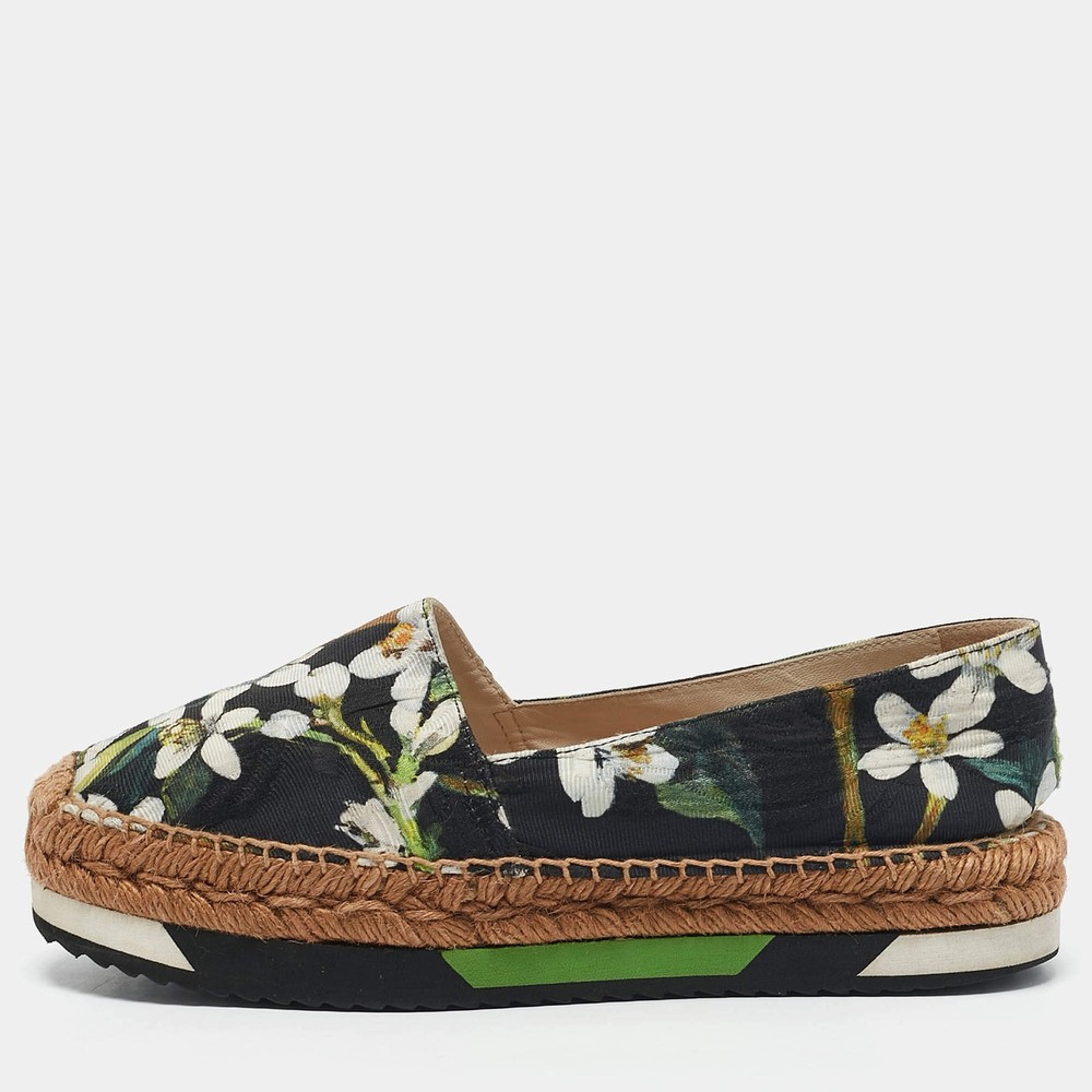 Dolce Gabbana Multicolor Floral Print Brocade Fabric Espadrille Flats Size 37