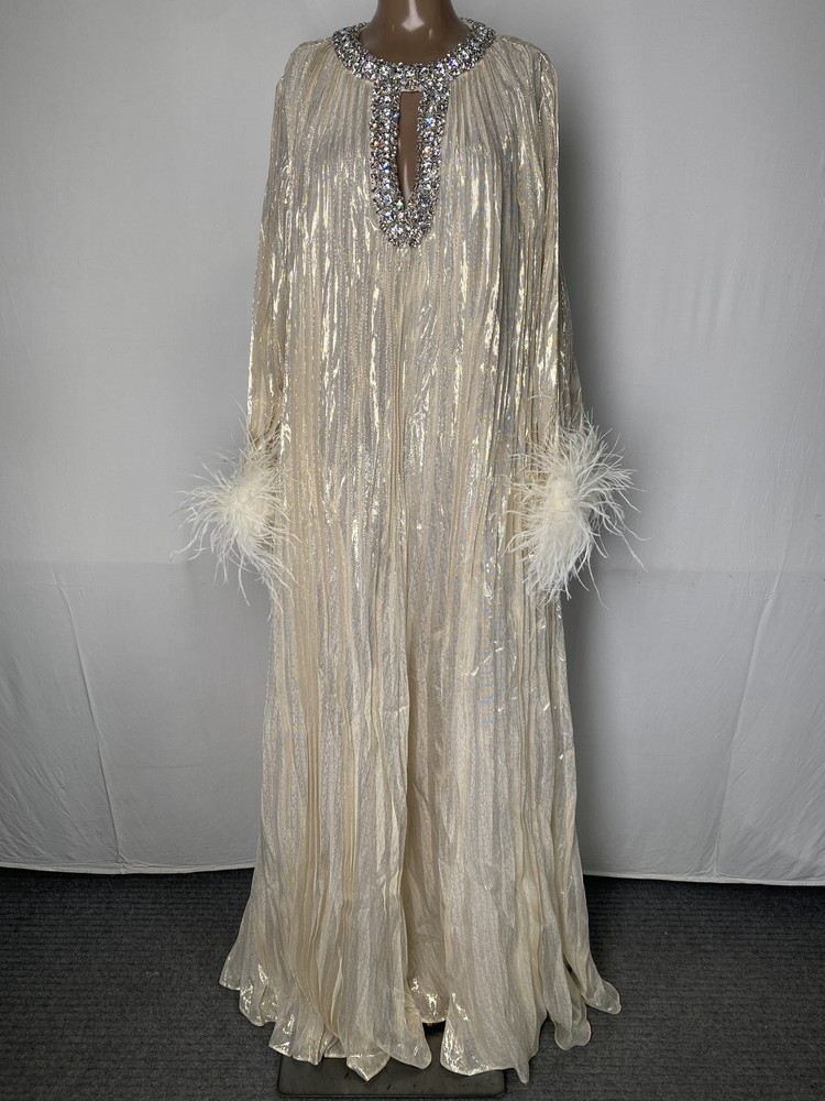 Self Portrait Womens Maxi Dress Gold Size 6 Metallic Feather Long Sleeve Pleated