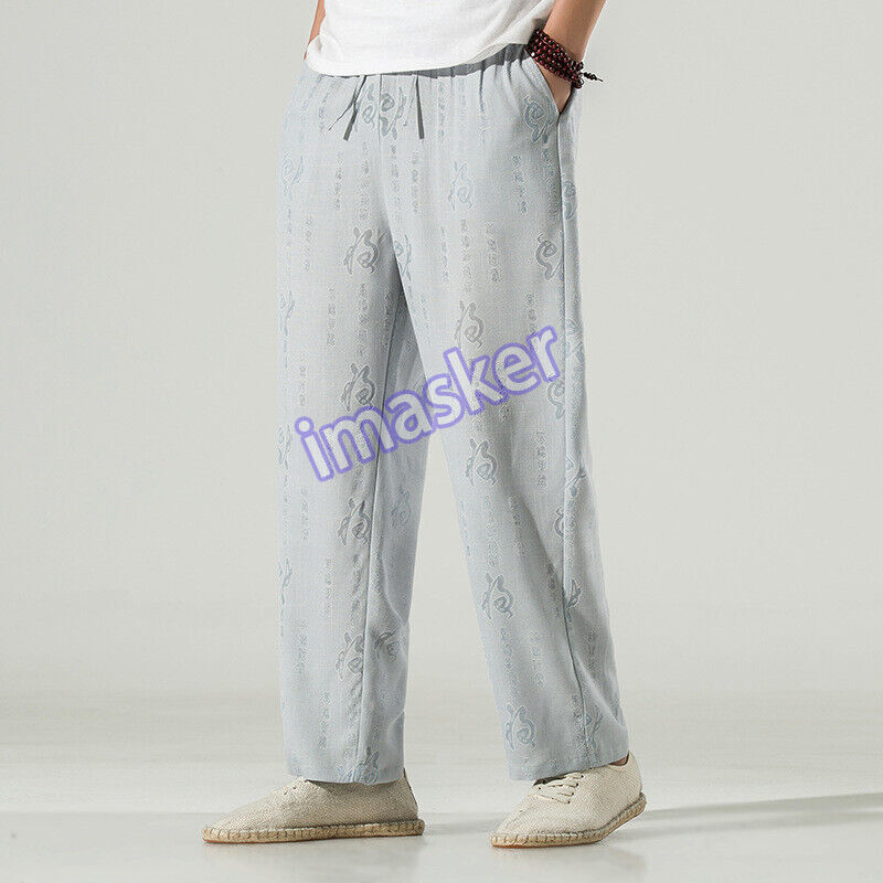 Men Linen Pants Loose Casual Print Chinese Trousers Kung Fu Tai Chi Martial Arts