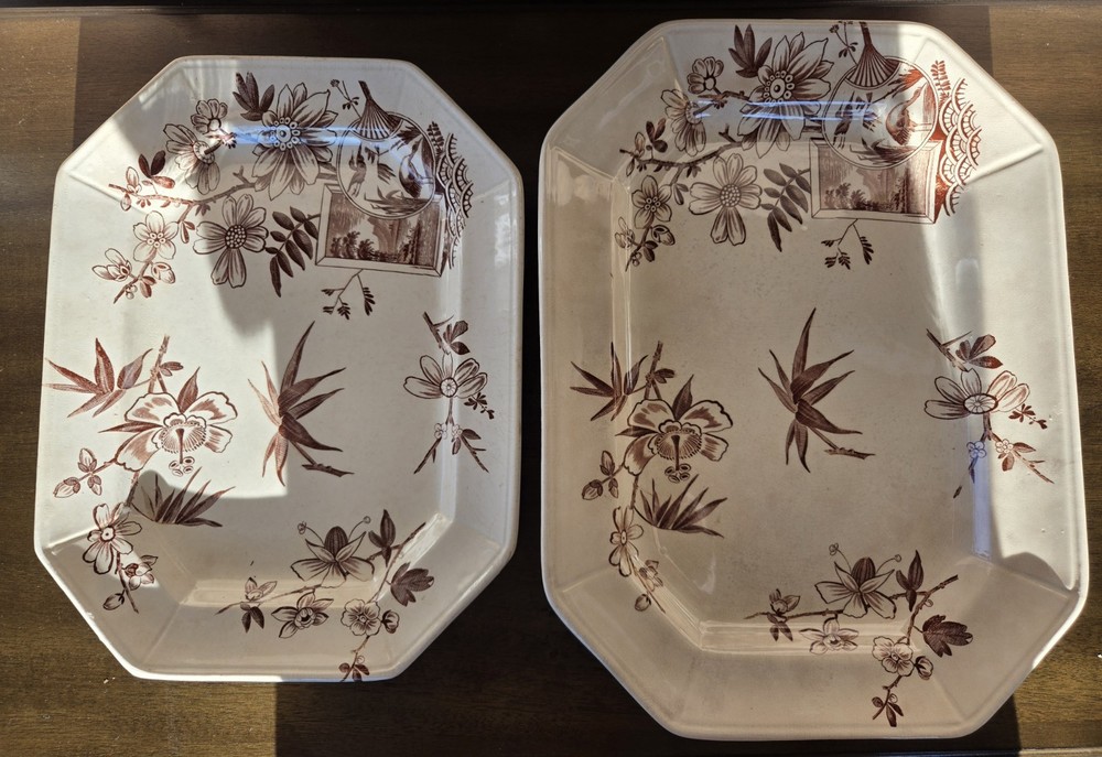 Antique H. Alcock Kenilworth Brown Transferware Platters Set 1884 England 2 PCs