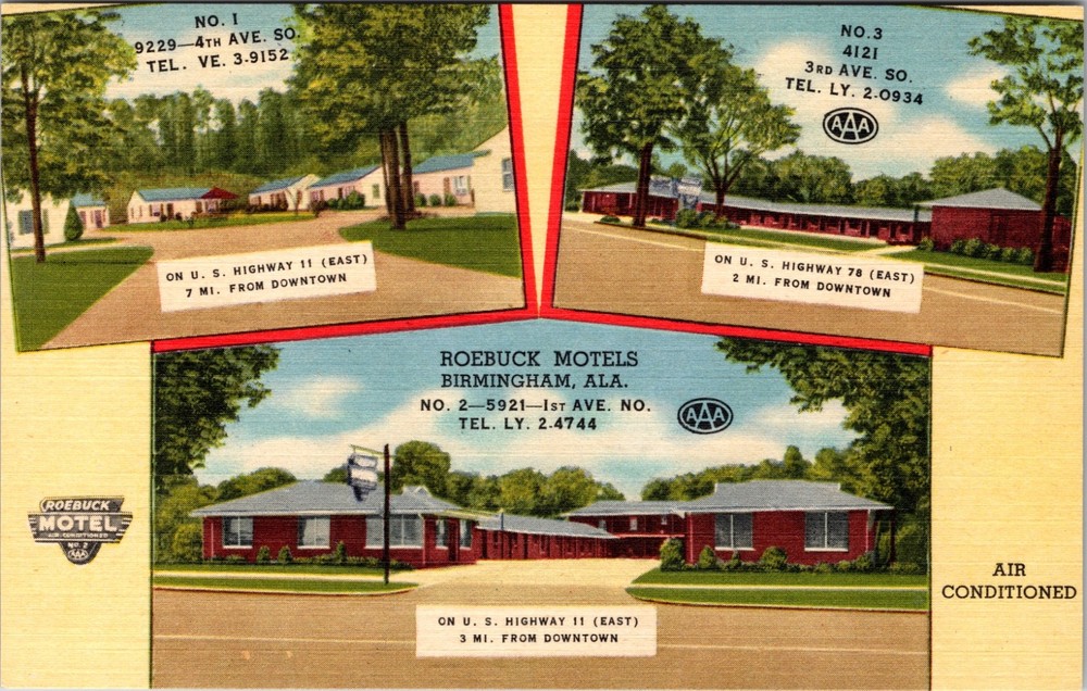 Roebuck Motels Linen Postcard Birmingham Alabama AAA Air-Conditioned C.T. Art