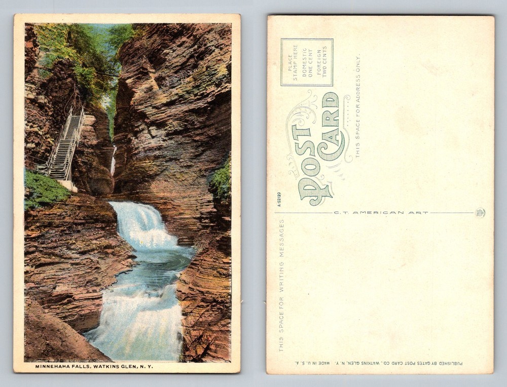 Watkins Glen, NY-New York, Minnehaha Falls Stairway Gorge Vintage Postcard