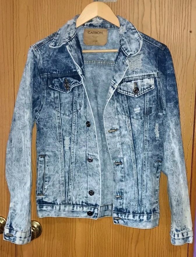 Carbon Denim Jean Jacket Mens Size Small Blue Jean Distressed Partial Acid Wash